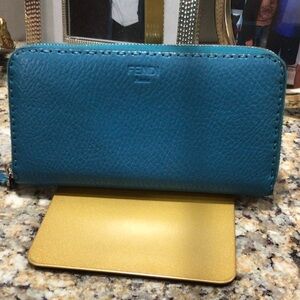 Fendi Roman Selleria Turquoise Zipper Soft Leather Long Wallet